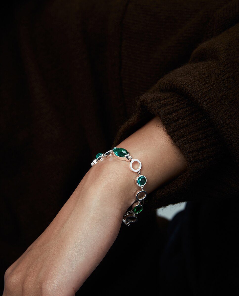 Pulseira com Elos Chic de Aço Chapado Prata 999 com Cristais Verde-2