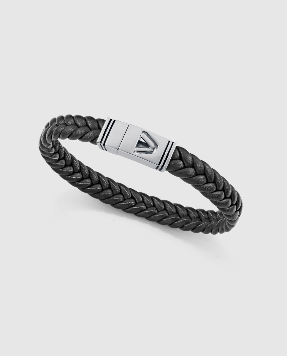 Pulseira Magnum de Aço e Pele Preta com Esmalte Preto Preto / Crómio-1
