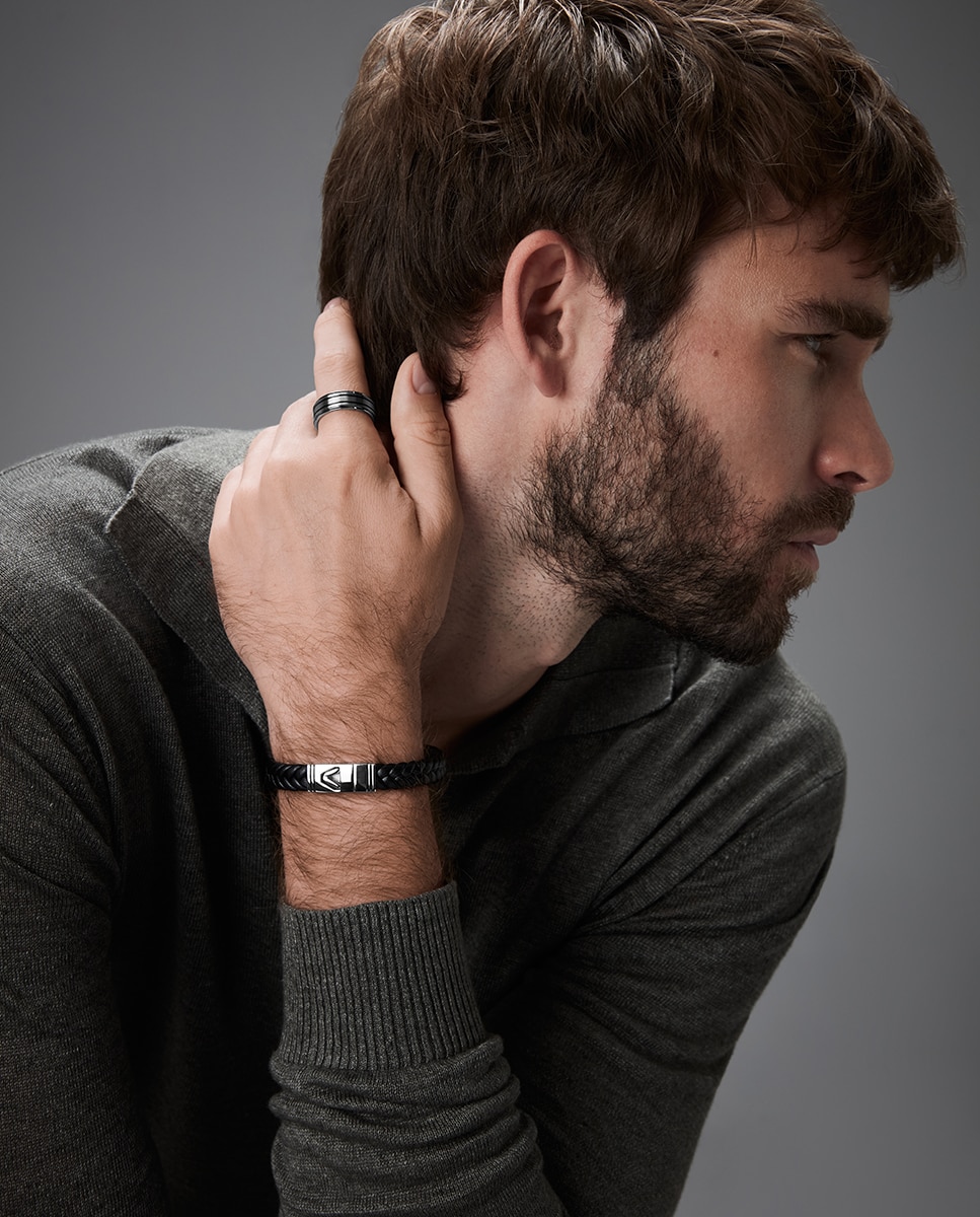 Pulseira Magnum de Aço e Pele Preta com Esmalte Preto Preto / Crómio-2