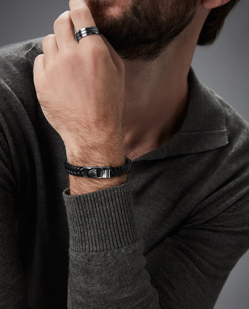 Pulseira Magnum de Aço e Pele Preta com Esmalte Preto Preto / Crómio-3