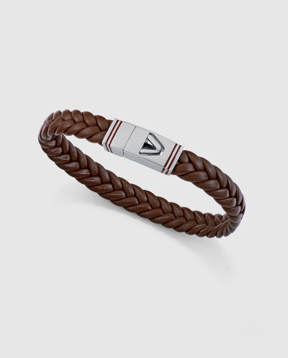 Pulseira Magnum de Aço e Pele Castanha Entrançada com Esmalte em Castanho Castanho-1