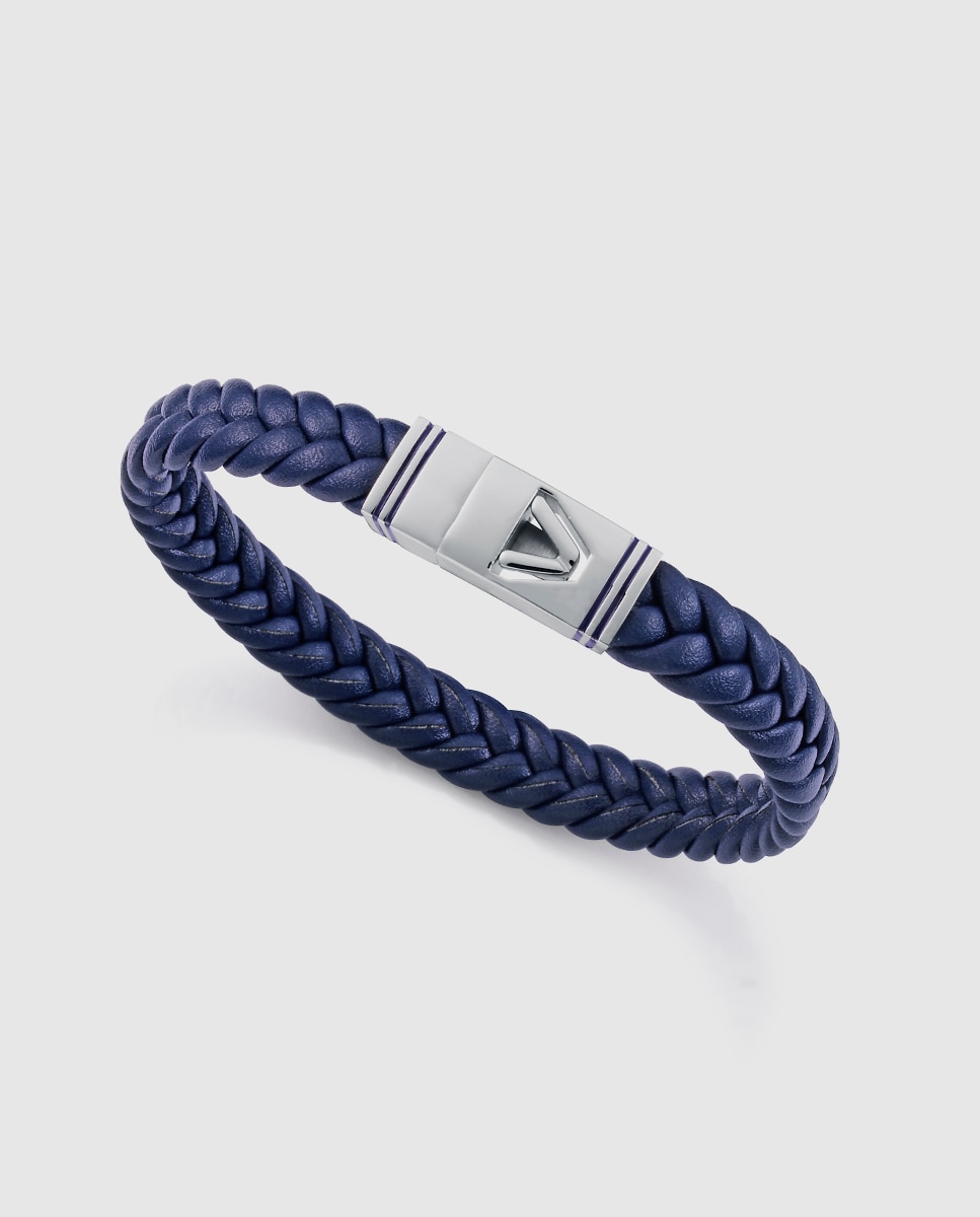Pulseira Magnum de Aço e Pele Azul Entrançada com Esmalte Azul Azul-1