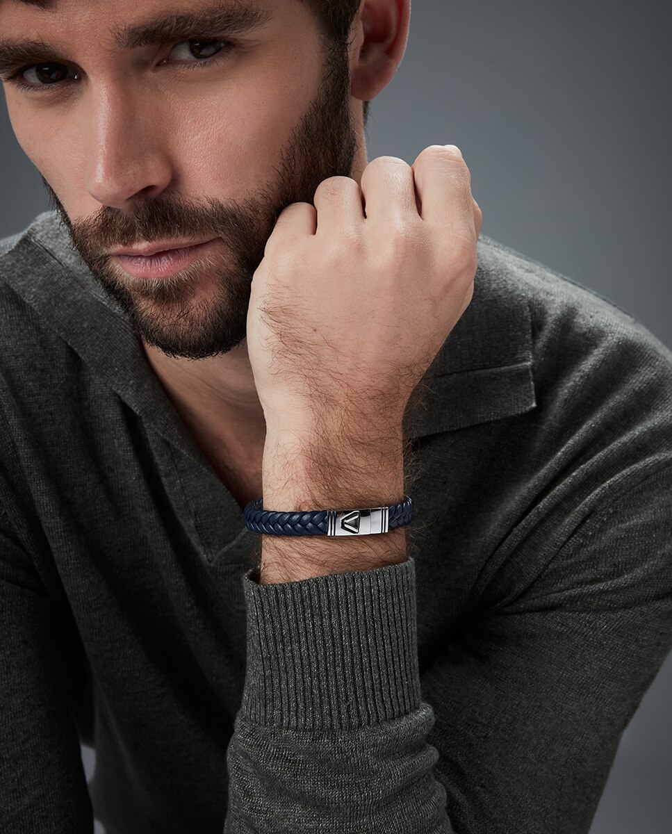 Pulseira Magnum de Aço e Pele Azul Entrançada com Esmalte Azul Azul-2