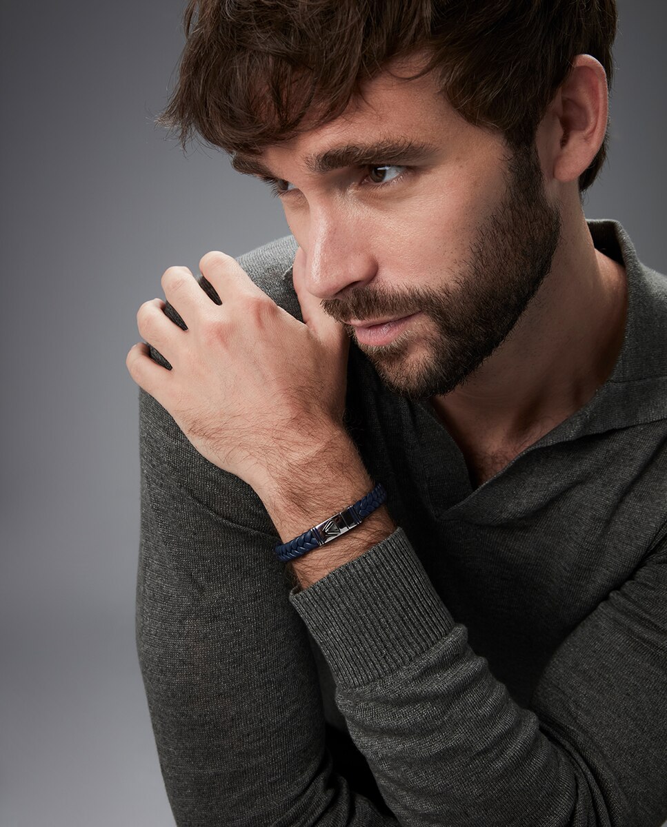 Pulseira Magnum de Aço e Pele Azul Entrançada com Esmalte Azul Azul-3