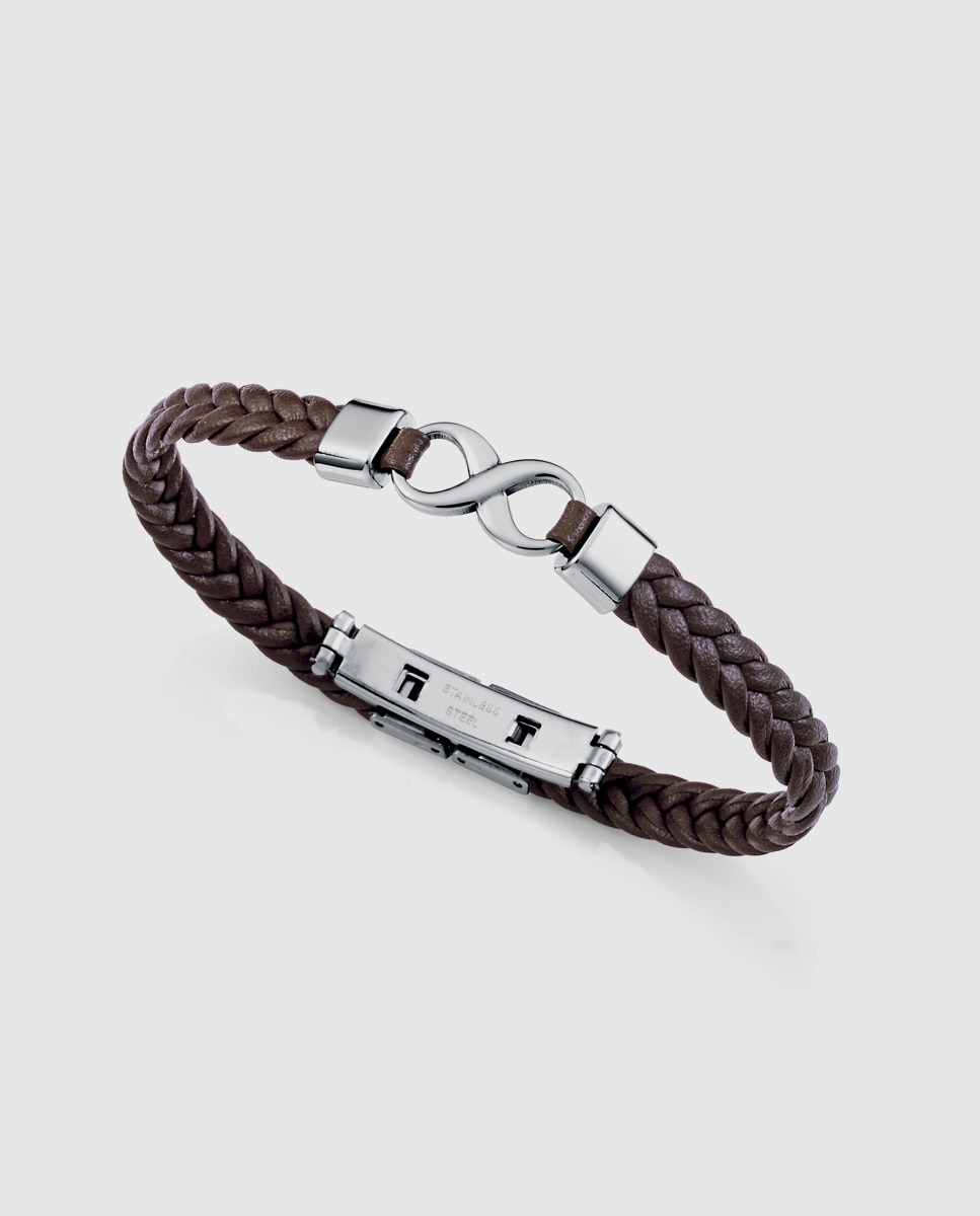 Pulseira Magnum de Aço e Pele Castanha Entrançada Castanho-1