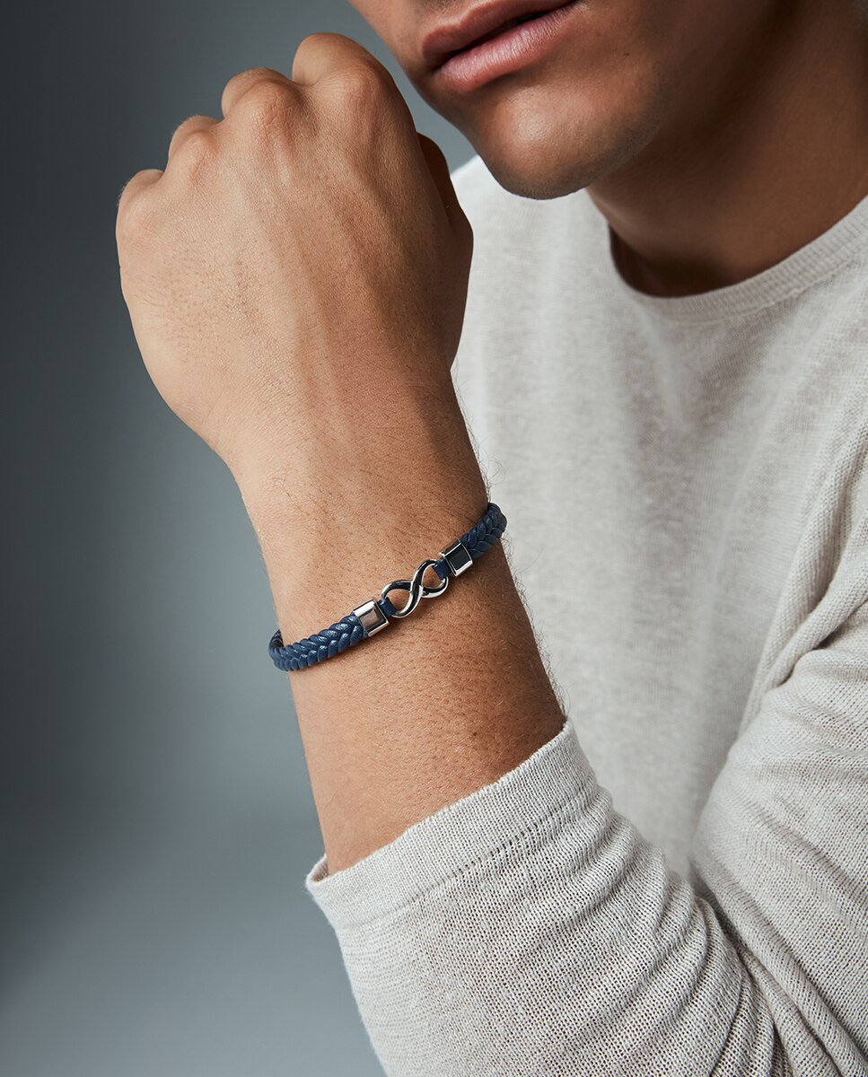 Pulseira Magnum de Aço e Pele Azul Entrançada Azul / Preto-2