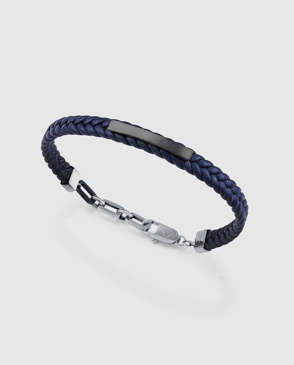 Pulseira Magnum de Aço Ip em Cinzento e Pele Entrançada em Azul Azul-1