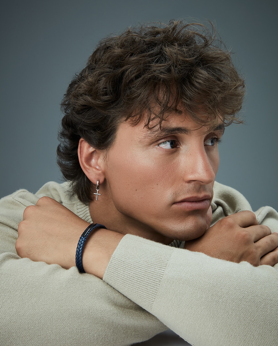 Pulseira Magnum de Aço Ip em Cinzento e Pele Entrançada em Azul Azul-3