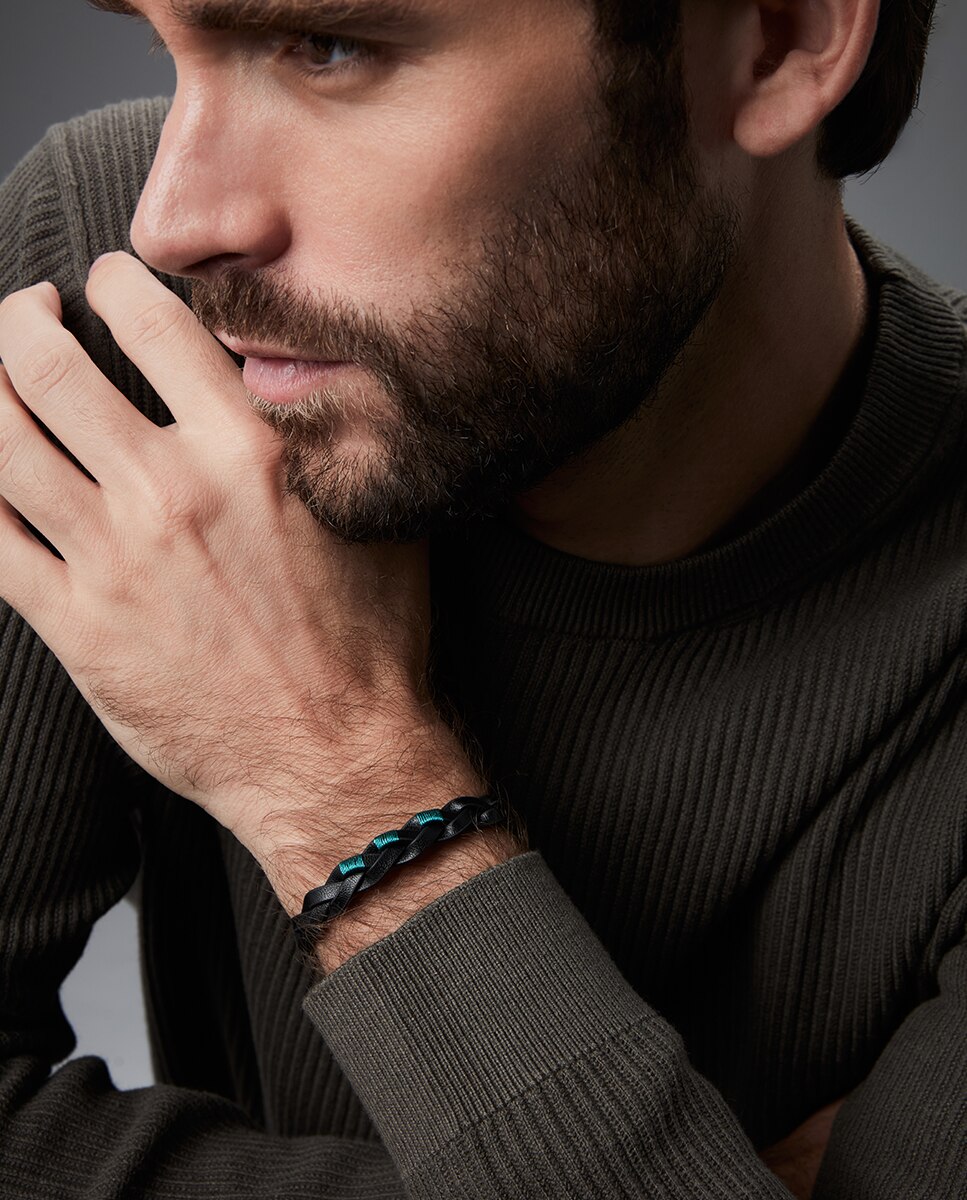 Pulseira Air de Aço e Pele Preta Entrançada Preto / Verde-2
