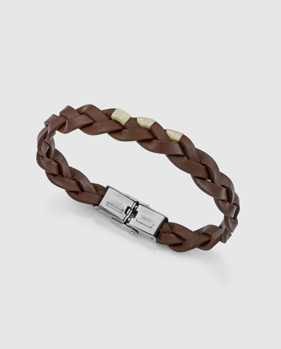 Pulseira Air de Aço e Pele Entrançada em Castanho Castanho-1