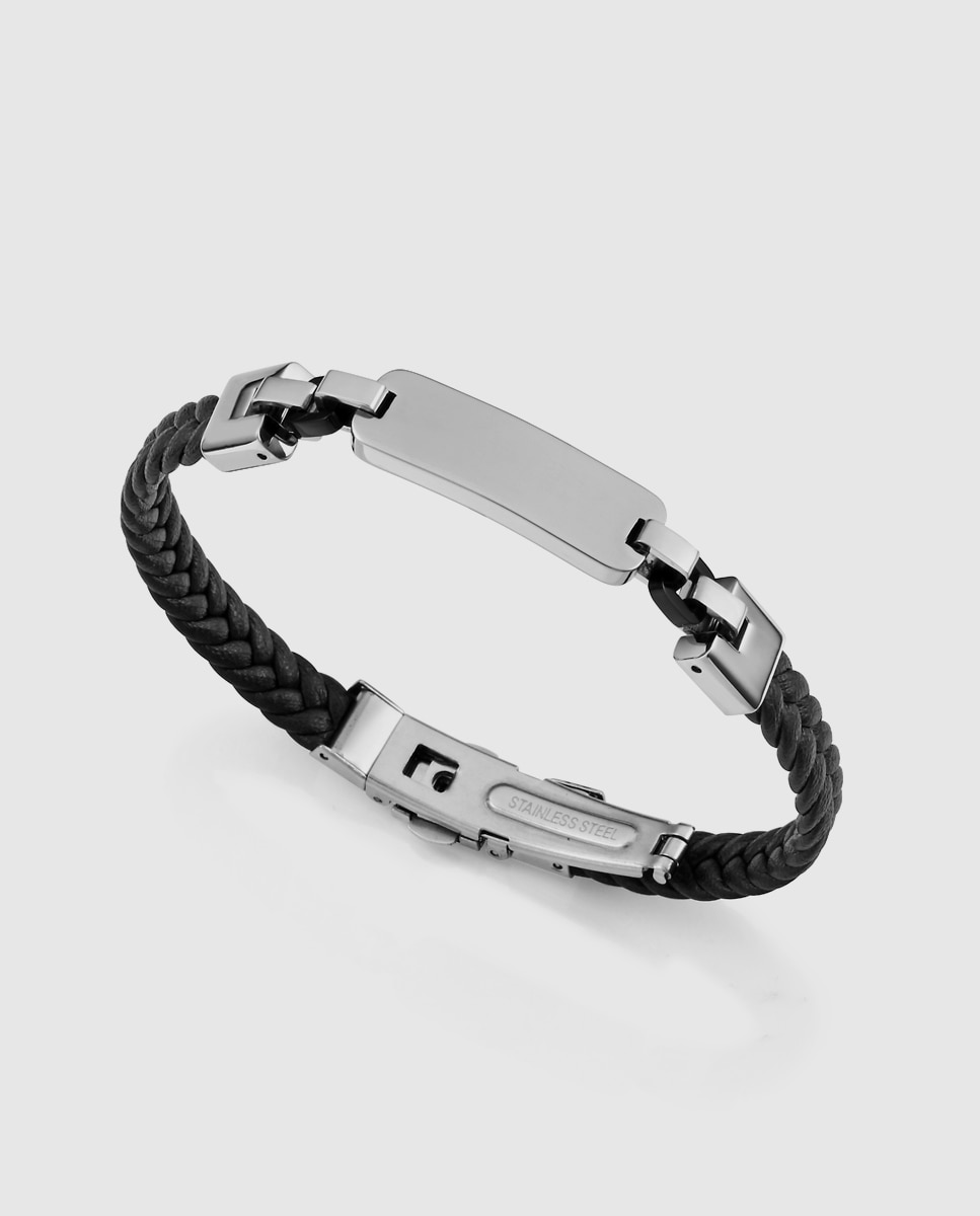 Pulseira Magnum de Aço Ip em Preto com Pele Entrançada Preto / Crómio-1