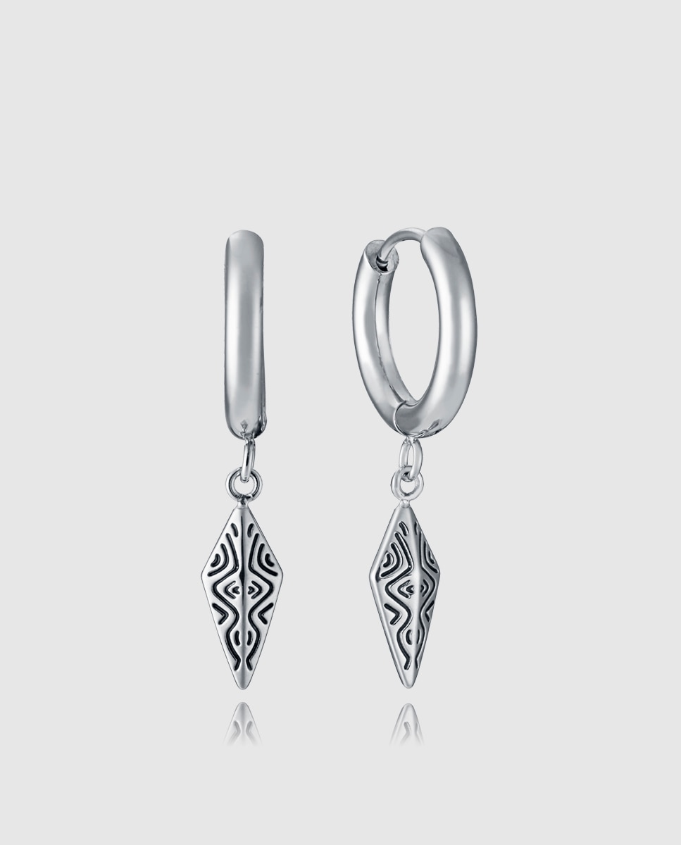 Brincos Beat de Aço com Argola com Pendente Prateado-1