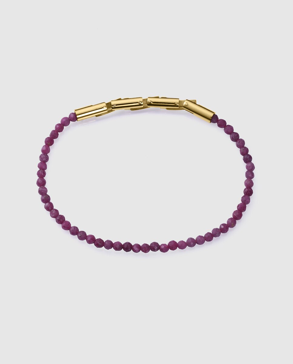 Pulseira de Corrente Chic de Aço Ip Dourado com Pedras Rubis Naturais Vermelho-1