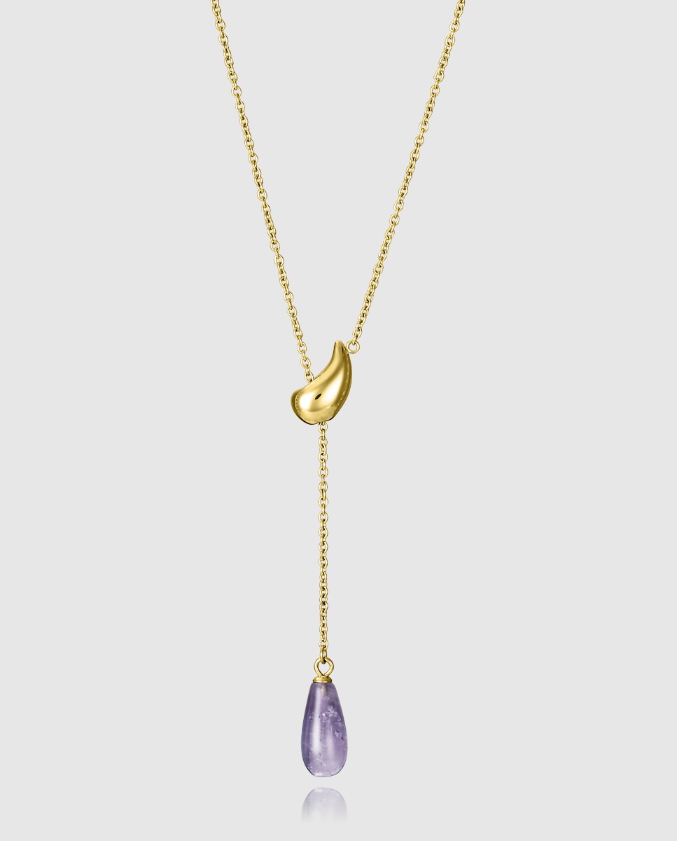 Colar Chic de Aço Ip Dourado Ajustável com Pedra Natural Roxo-1