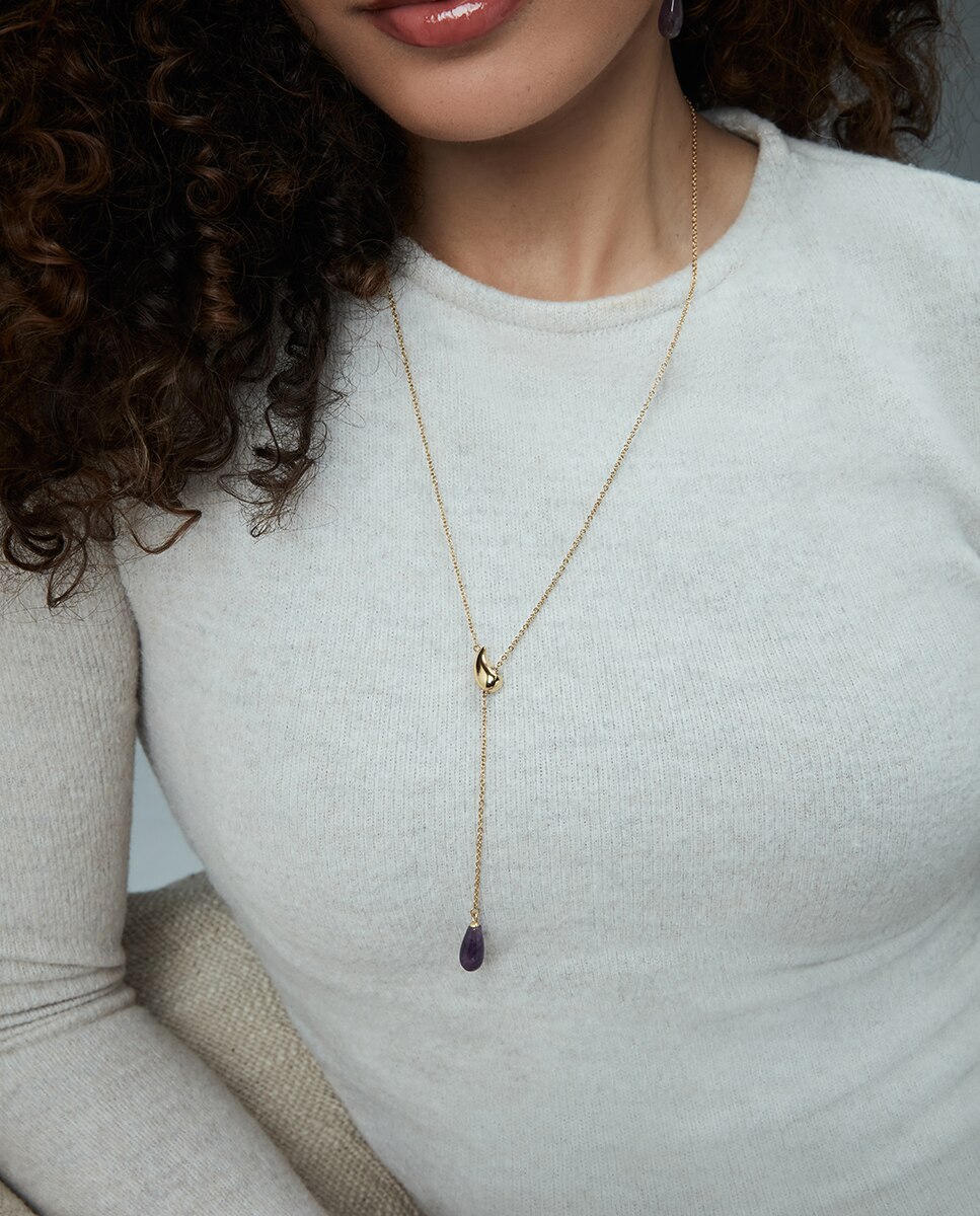 Colar Chic de Aço Ip Dourado Ajustável com Pedra Natural Roxo-2