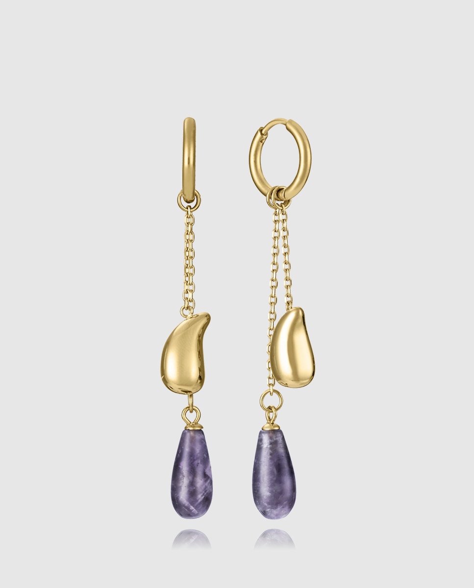 Brincos Chic de Aço Ip Dourado Correntes com Pendentes Roxo-1