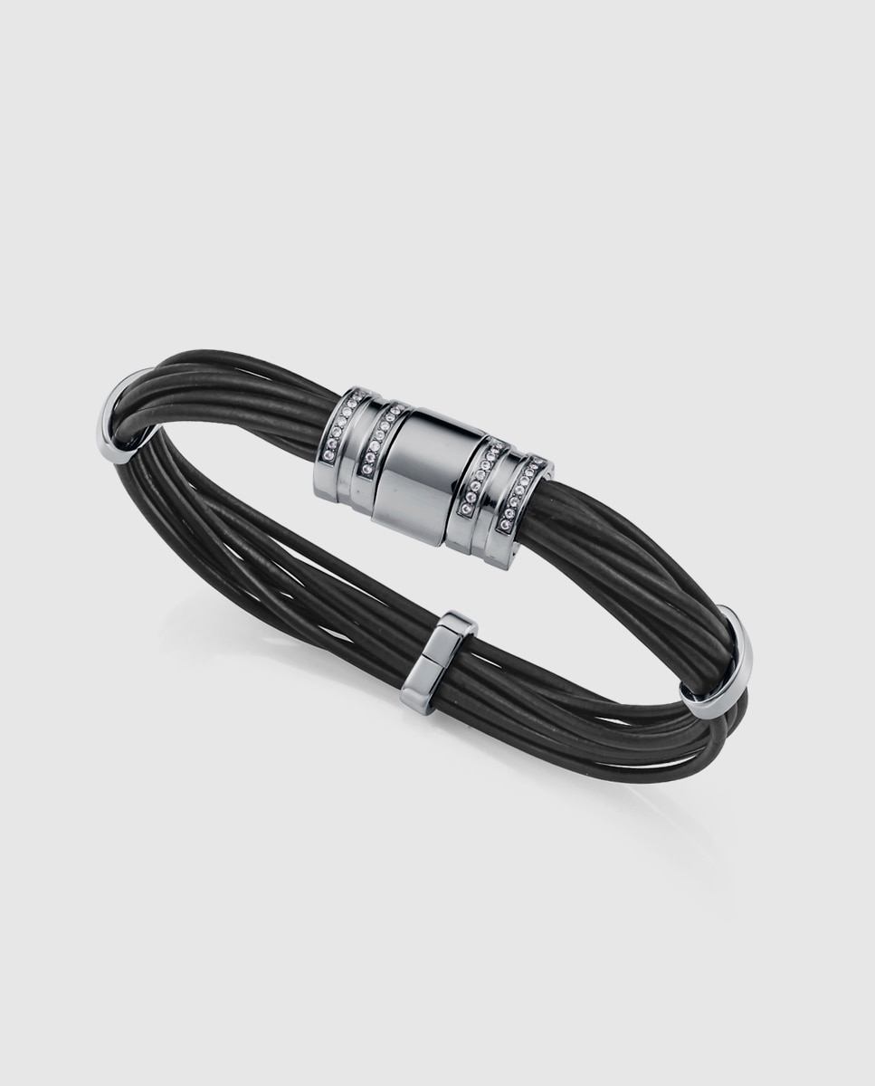 Pulseira Chic de Aço e Pele em Preto com Zircónias Preto-1