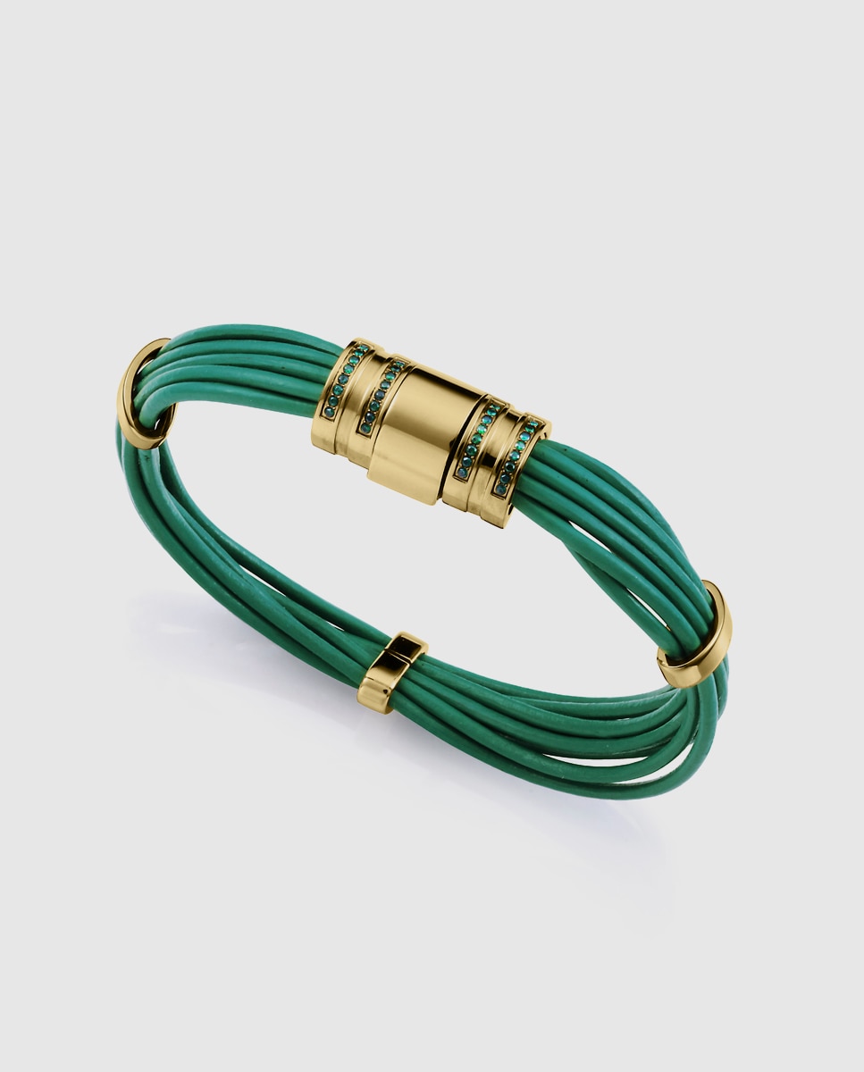 Pulseira Chic de Aço Ip Dourado e Pele Verde Verde-1