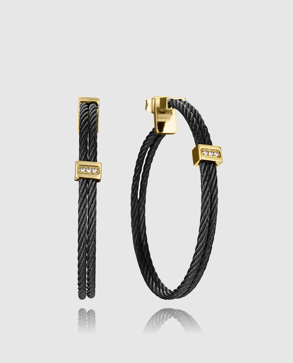 Brincos Chic de Aço Ip em Preto e Dourado com Múltiplos Cabos Unidos Multicolor-1