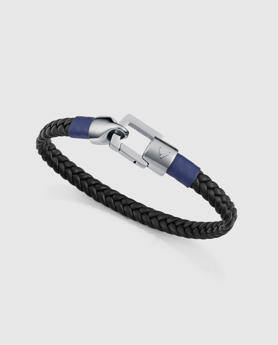 Pulseira Magnum de Aço e Pele Entrançada em Preto Preto / Azul-1