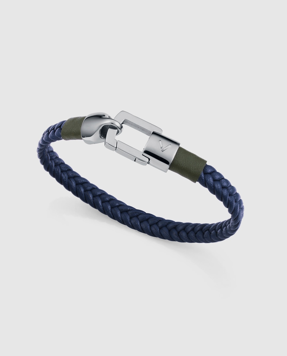 Pulseira Magnum de Aço e Pele Entrançada em Azul Azul / Verde-1