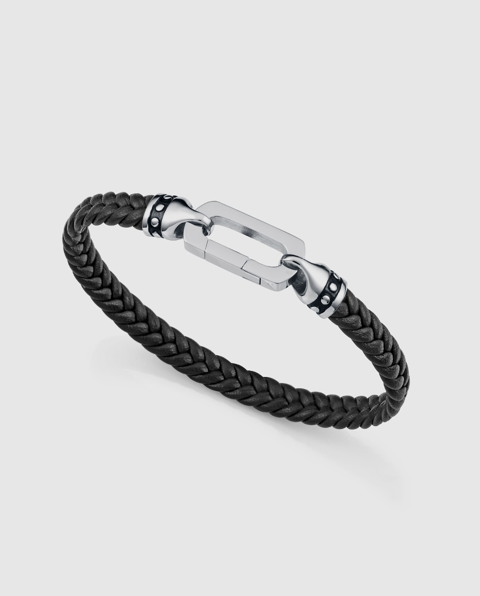 Pulseira Magnum de Aço e Pele Preta Entrançada Preto-1