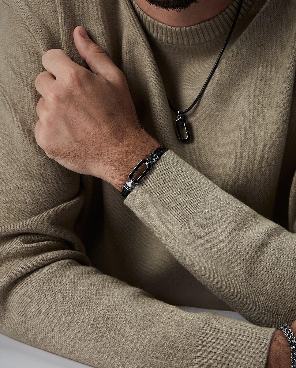 Pulseira Magnum de Aço e Pele Preta Entrançada Preto-2