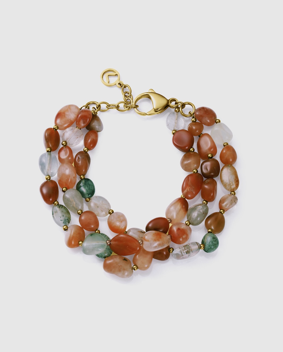 Pulseira de Corrente Chic de Aço Ip Dourado Múltiplo com Pedras Naturais Castanho-1