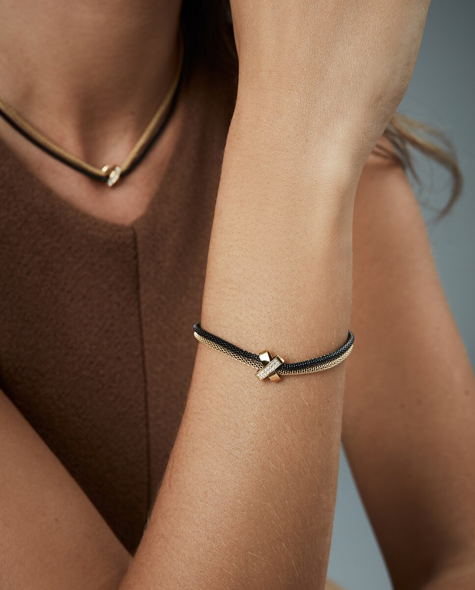 Pulseira de Corrente Chic de Aço Ip Dourado e Preto Duplo Tapete Multicolor-2
