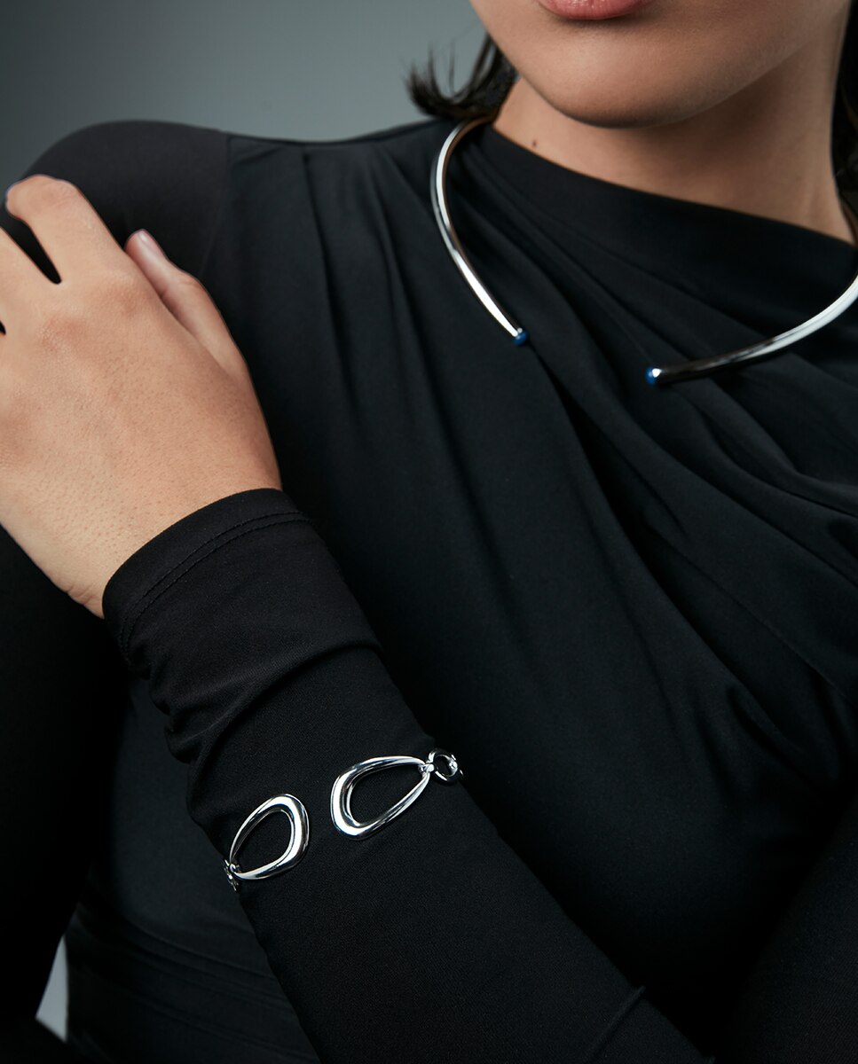 Colar Air de Aço Rígido Choker com Pedras Naturais Prateado-2