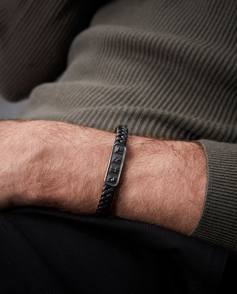 Pulseira Heat de Aço e Pele em Preto Preto-2