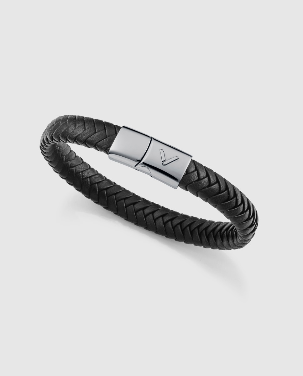Pulseira Magnum de Aço e Pele Preta Entrançada Preto / Crómio-1