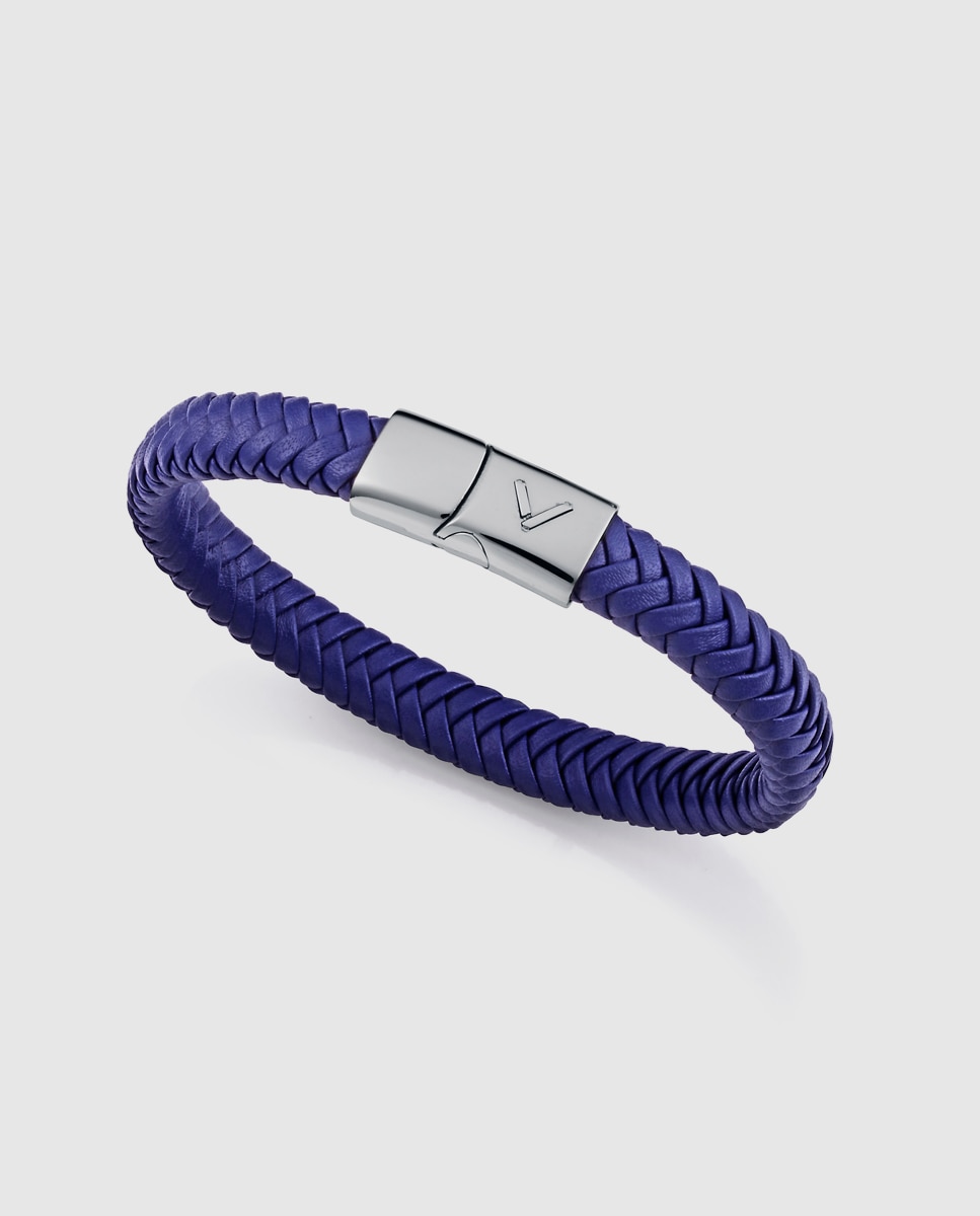 Pulseira Magnum de Aço e Pele Azul Entrançada Azul-1