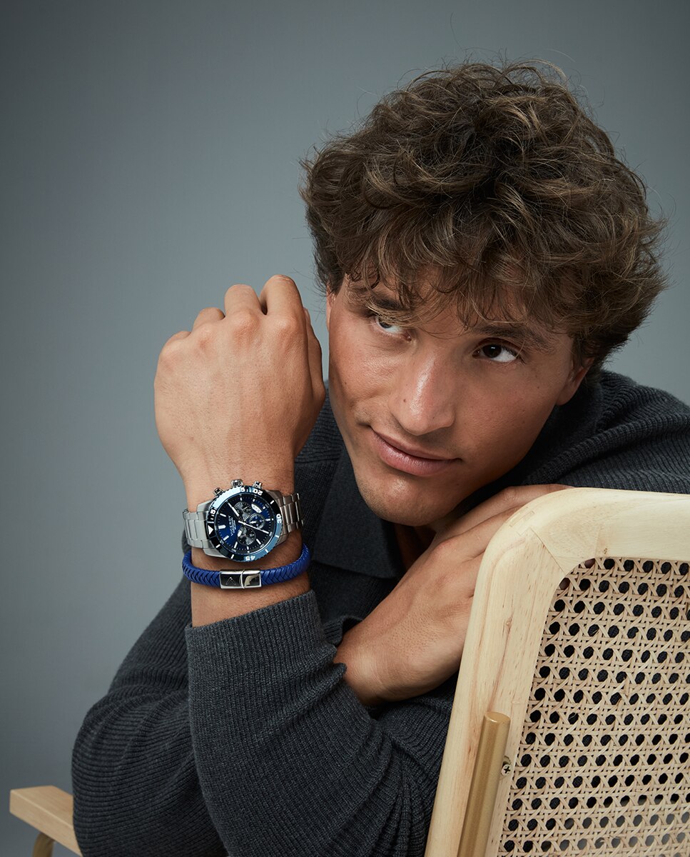 Pulseira Magnum de Aço e Pele Azul Entrançada Azul-2