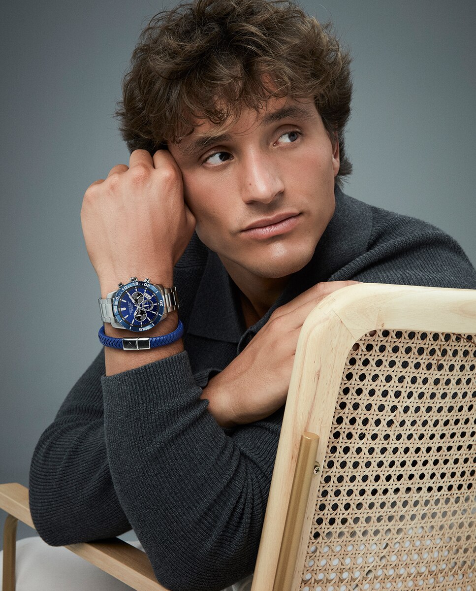 Pulseira Magnum de Aço e Pele Azul Entrançada Azul-3