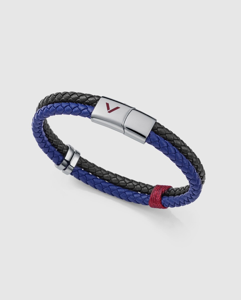 Pulseira Magnum de Aço e Pele Entrançada em Preto e Azul Bicolor-1