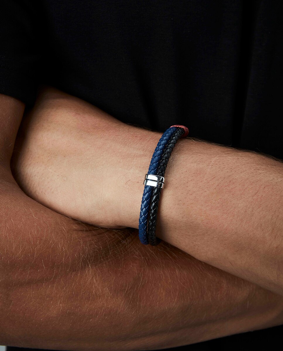 Pulseira Magnum de Aço e Pele Entrançada em Preto e Azul Bicolor-2