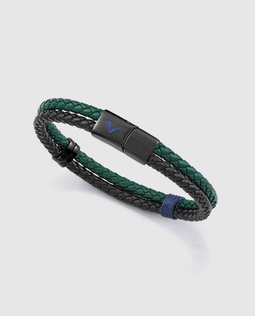 Pulseira Magnum de Aço e Pele Entrançada em Preto e Verde Bicolor-1