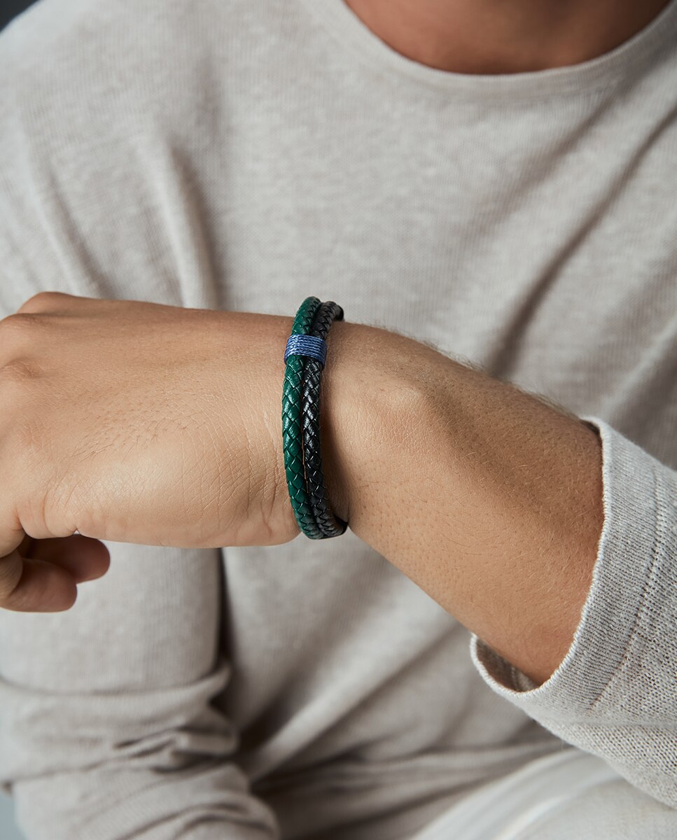 Pulseira Magnum de Aço e Pele Entrançada em Preto e Verde Bicolor-2