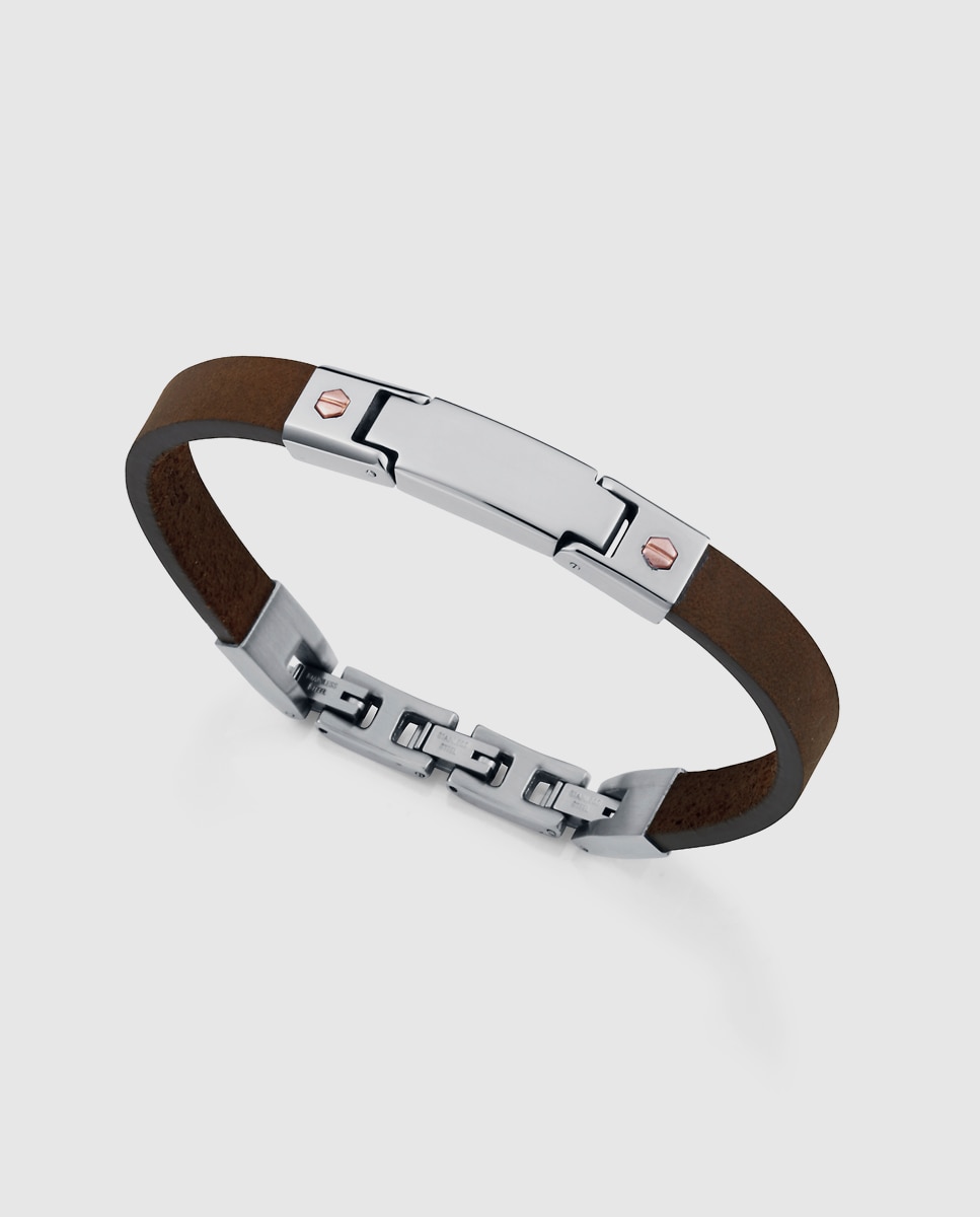 Pulseira Magnum de Aço e Pele Castanha Castanho-1