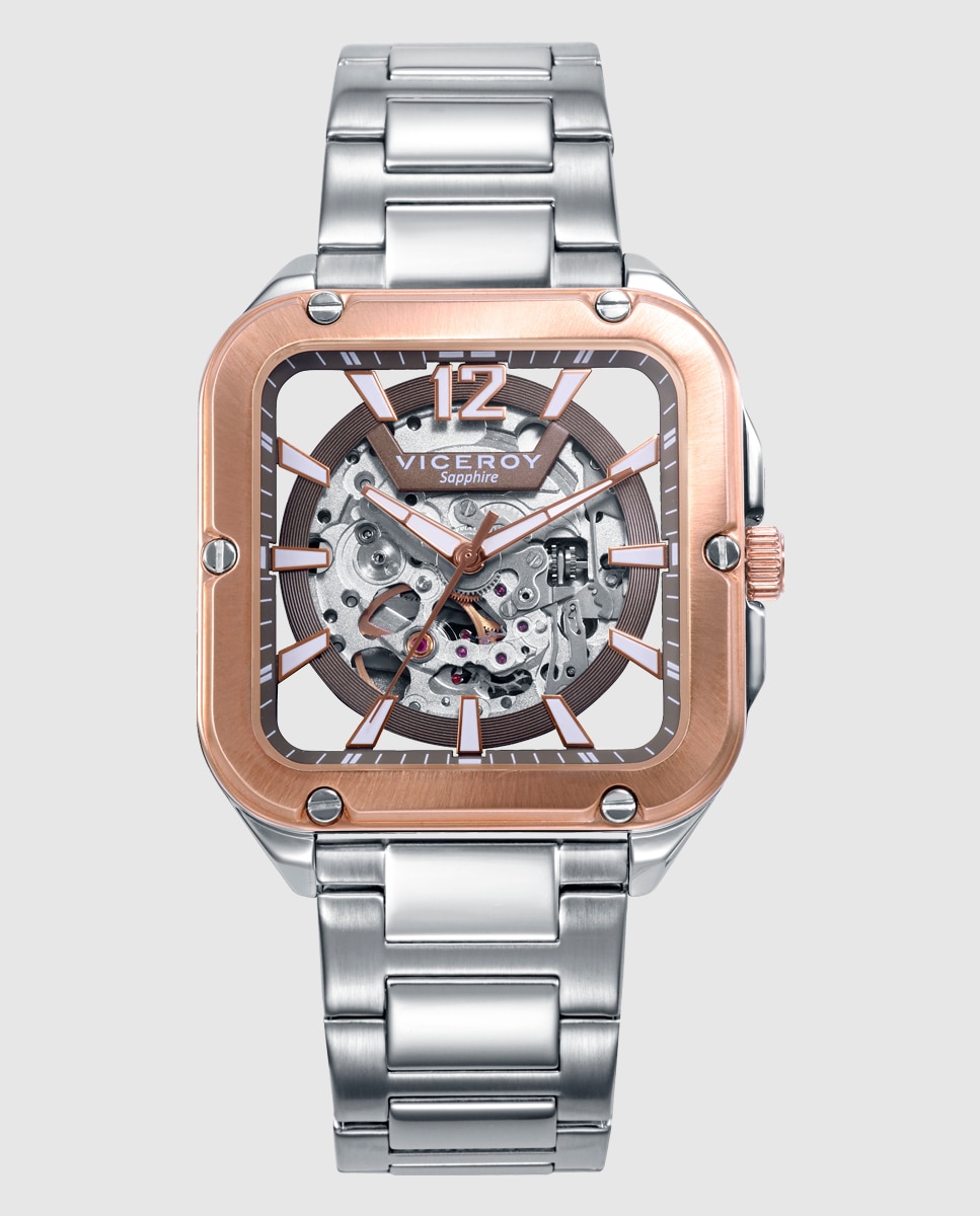 Relógio Automático Magnum Caixa Bicolor de Aço Ip Rosa e Movimento Automático Prateado-1