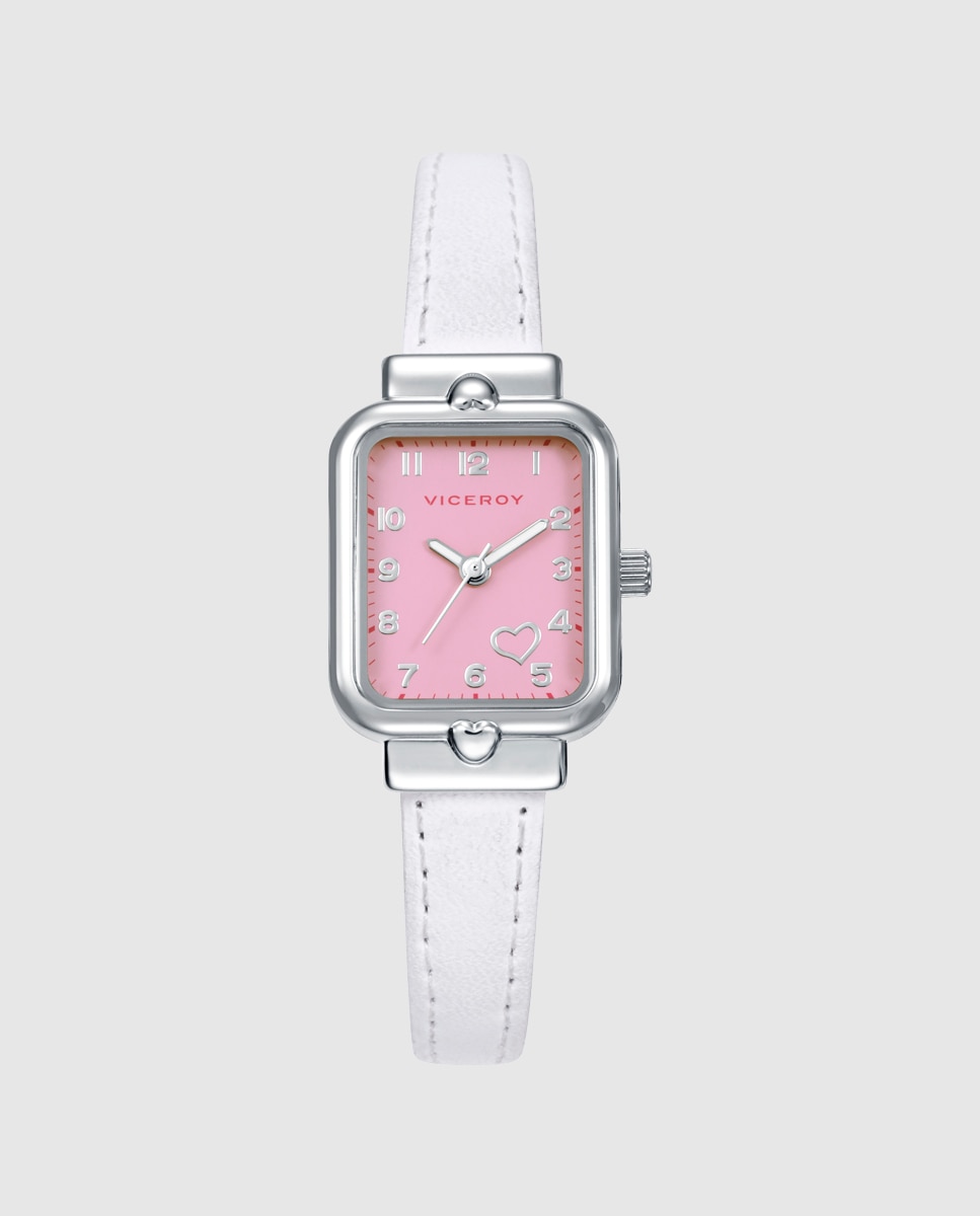 Imagem 0 de Relógio Infantil Caixa de Aço com Bracelete de Pele Sintética em Branco e Pulseira de Presente
