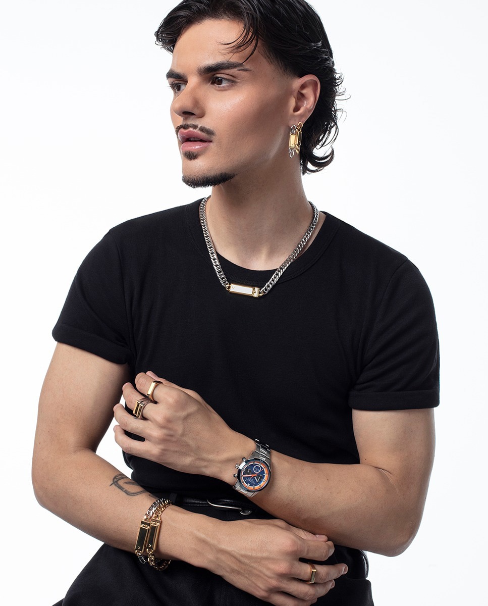 Relógio com Caixa Bicolor de Aço e Ip Azul e Bracelete de Aço, Coleção Abraham Mateo Prateado-5