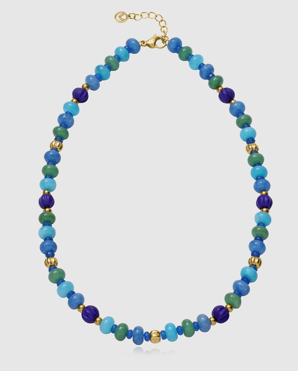 Colar Chic de Aço Ip Dourado com Pedras Azul-1