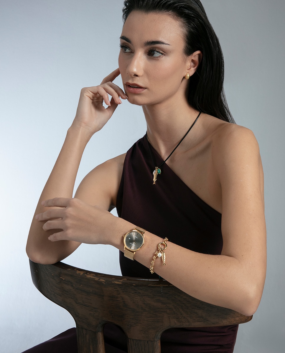 Pulseira Kiss de Aço Ip Dourado com Pérola Natural Verde-3