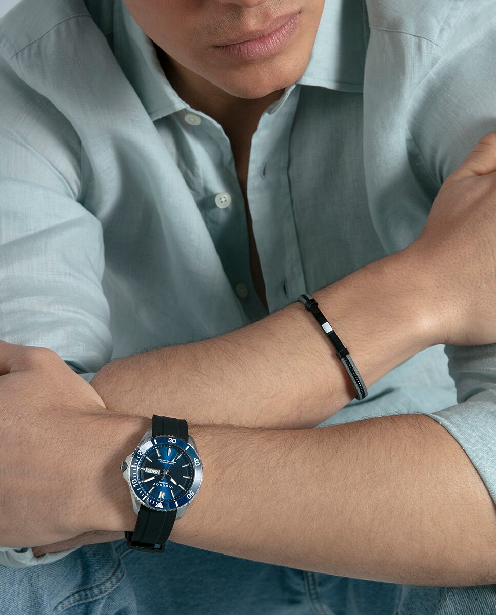 Pulseira Magnun de Aço Ip em Preto e Pele Cinzento-3