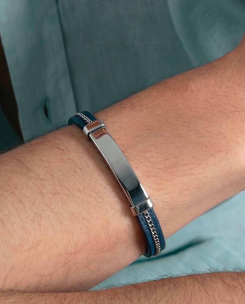 Pulseira Magnum de Aço e Pele Azul Azul-2