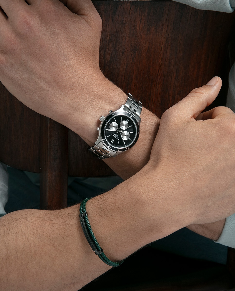 Pulseira Magnum de Aço Ip Preto e Pele Verde-3