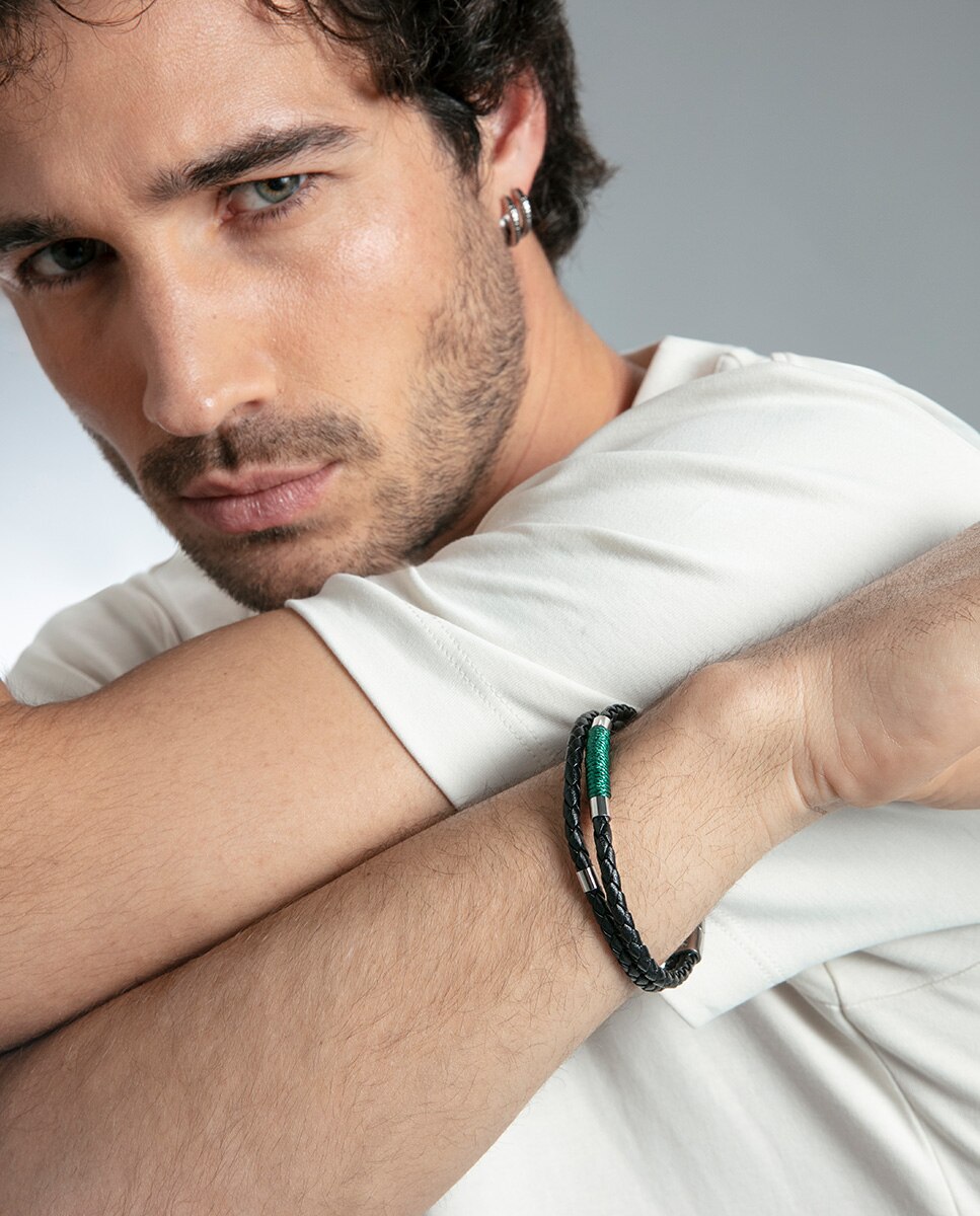 Pulseira Magnum de Aço e Pele Preto-2