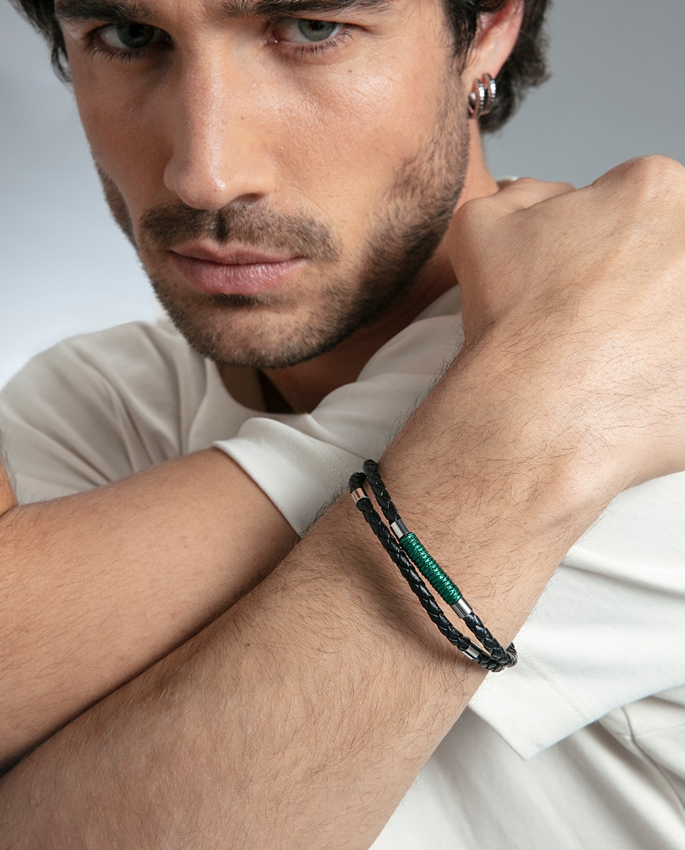 Pulseira Magnum de Aço e Pele Preto-3